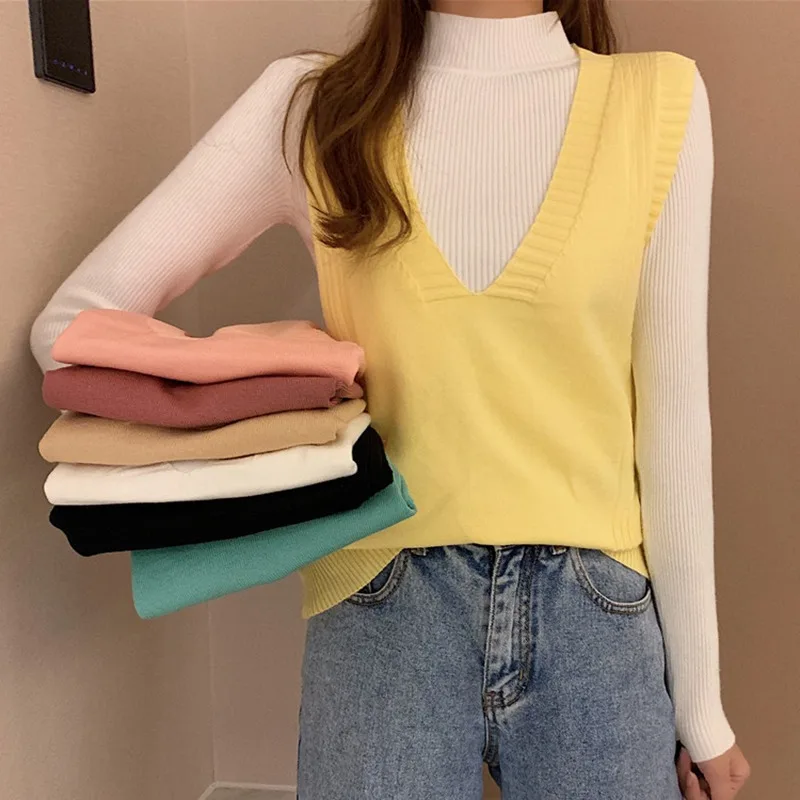 Knitted Vest For Women Autumn V Neck Sleeveless Sweater Chic Crop Tops Female Korean Style School Waistcoat