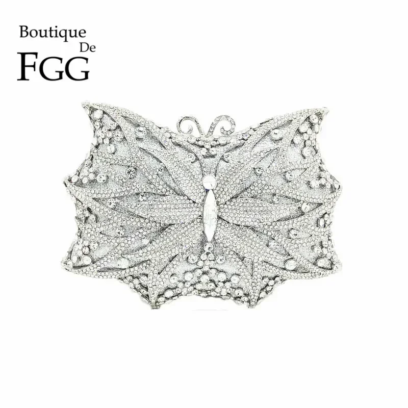 

Bouotique De FGG Bling женские серебряные клатчи с бабочкой вечерние сумки свадебные сумки-минодьер со стразами и кошельки