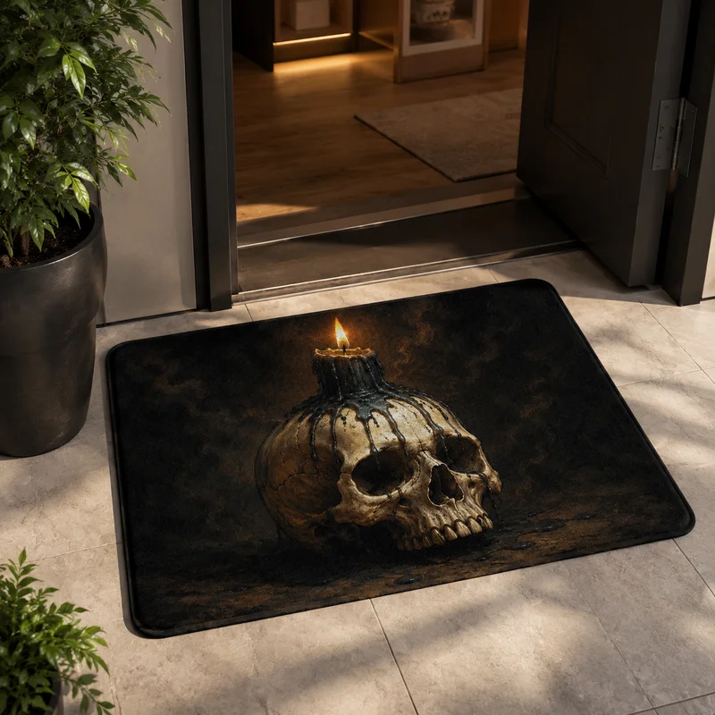 VIKAMA Mysterious Skull Burning Candle Mat, Gothic Non-Slip Rug, Spooky Halloween Door Carpet, Dark Aesthetic Entryway Decor
