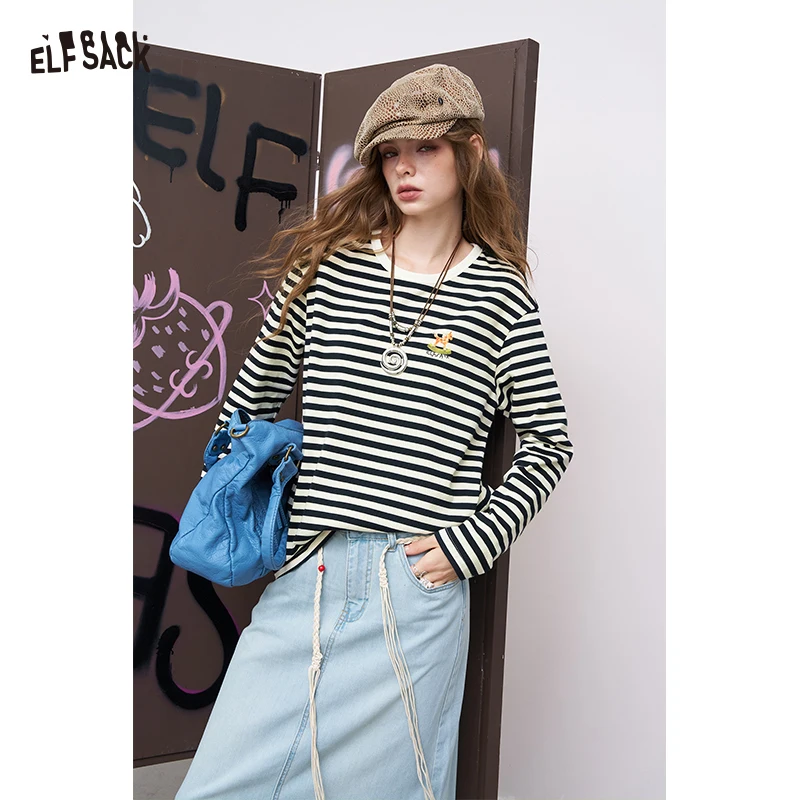 

ELFSACK 2025 Autumn New Arrival Basic Loose Striped Full Sleeve T-Shirt For Woman