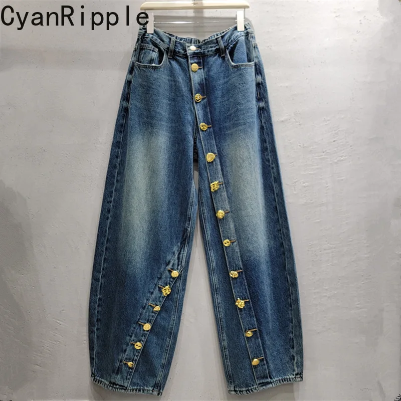 Fashionable New Spring Autumn All-match Elastic Waist Casual Straight Jeans Personality Metal Decoration Loose Denim Trousers