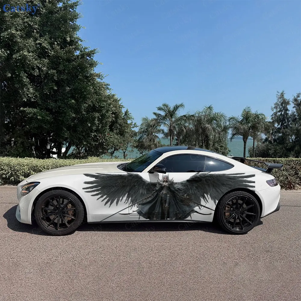 2pcs Fantasy Silver Hair Warrior Car Side Wraps, Self-Adhesive PVC Waterproof & Scratch-Resistant Stickers, Car Accessory Gift