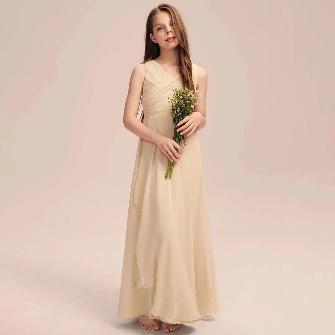 YZYmanualroom Chiffon Junior Bridesmaid Dress With Pleated A-line V-Neck Floor-Length 2-15T