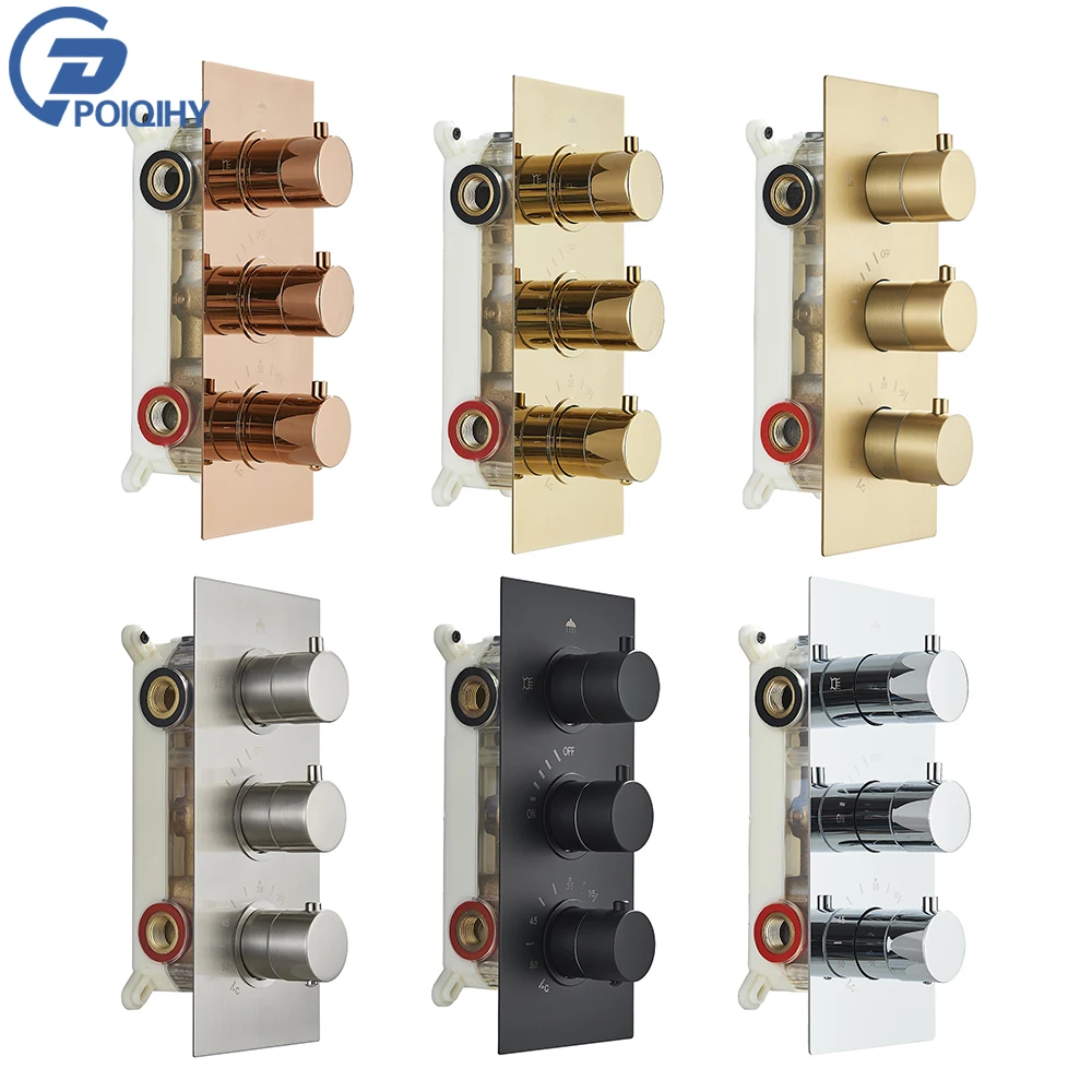 

Brushed Golden Thermostatic Shower Mixer Valve Wall 3 ways Mixer Valve Thermostate Control Valve Concealed Shower Valve Round