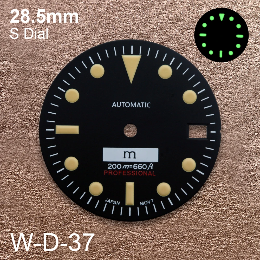 28.5mm S Logo Retro Dial Fit NH35/NH36/4R/7S Japanese Movement Green Luminous Black Matte Dial Akcesoria do modyfikacji zegarka