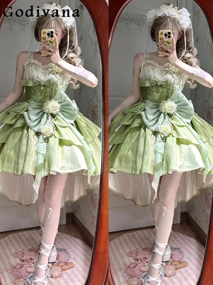 Green Rose Jsk Princess Lolita Temperament Square Collar Princess Suspender Dress Cute Girl Sweet High Waist A-line Cake Dresses