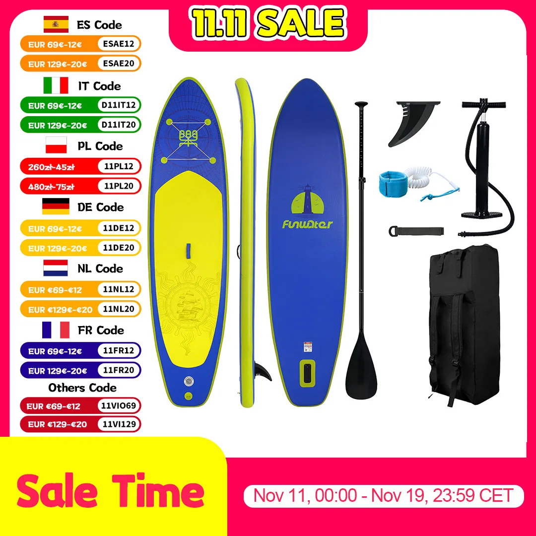 FunWater 11' Sup Board Inflatable Surfboard Stand Up Paddle Board Inflatable Sup PaddleBoard with Accessories EU Warehouse Stock