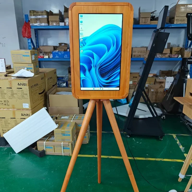 Double-sided retro wooden photo booth with touchscreen printer stand, compatible with DSLR cameras and iPad flash stands