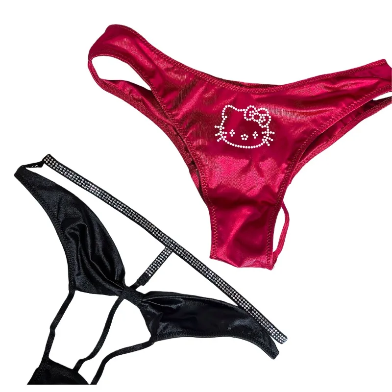 

M L HelloKitty Hot Spicy Big Bow Hollow Panties Rhinestone Satin Briefs G-String Female Temptation Crotchless Thongs Underwear