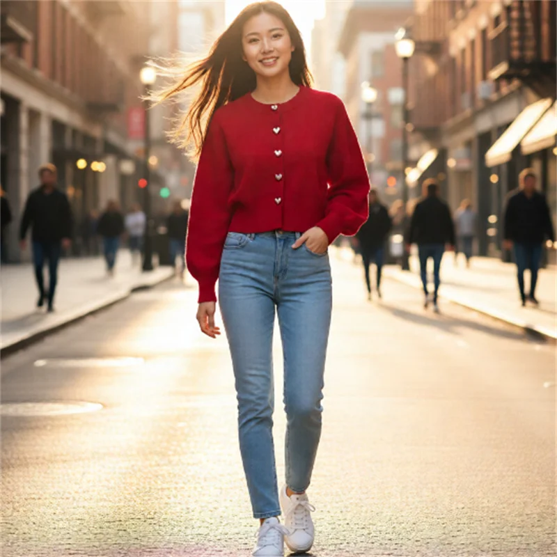 2026年春新作 ファッション 通勤 スリムフィット エレガント ニットカーディガン ハートボタン付き