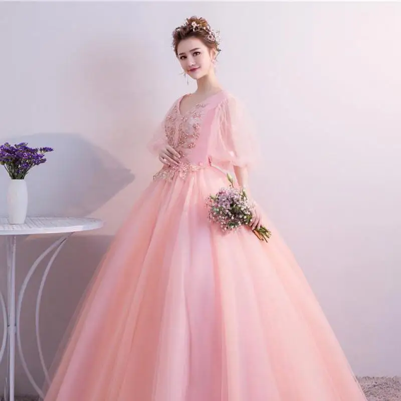 Vestidos De quinceañera Rosa dulce, Vestido elegante con cuello en V, encaje Floral, Vestido De baile De tul con mangas abullonadas, nueva moda