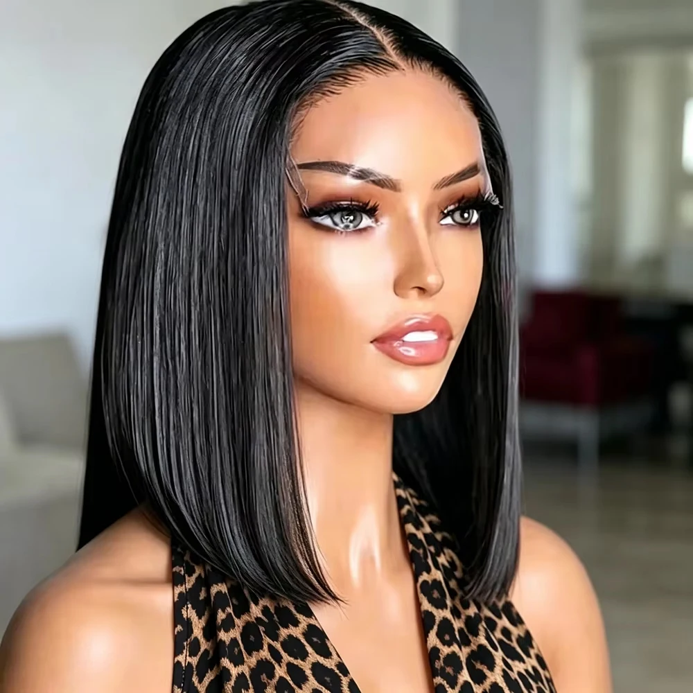 Bone Straight Black Short Bob 13x6 HD Transparent Lace Glueless Pre Cut Pre Plucked Natural Black Bob Wigs For Women Vietnamese Bob Lace Front Wig 250% Density Invisible Lace Meltz Scalp Pro Air-Flow Cap Pull & Go No Shedding