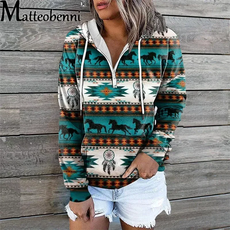 Winter Vintage Geometry Print Pocket Hoodie Women Pullover Sweatshirt Loose Long Sleeves Casual Bohemian Autumn Ladies Zipper