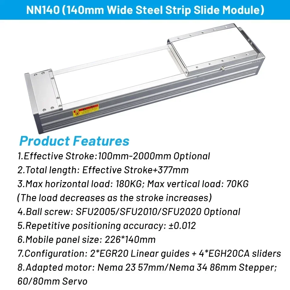 140mm Wide 180kg Load CNC Sliding Table Ball Screw Linear Rail Stage  SFU2005/2010 XYZ Axis Fully Enclosed 4*EGH20CA Slider