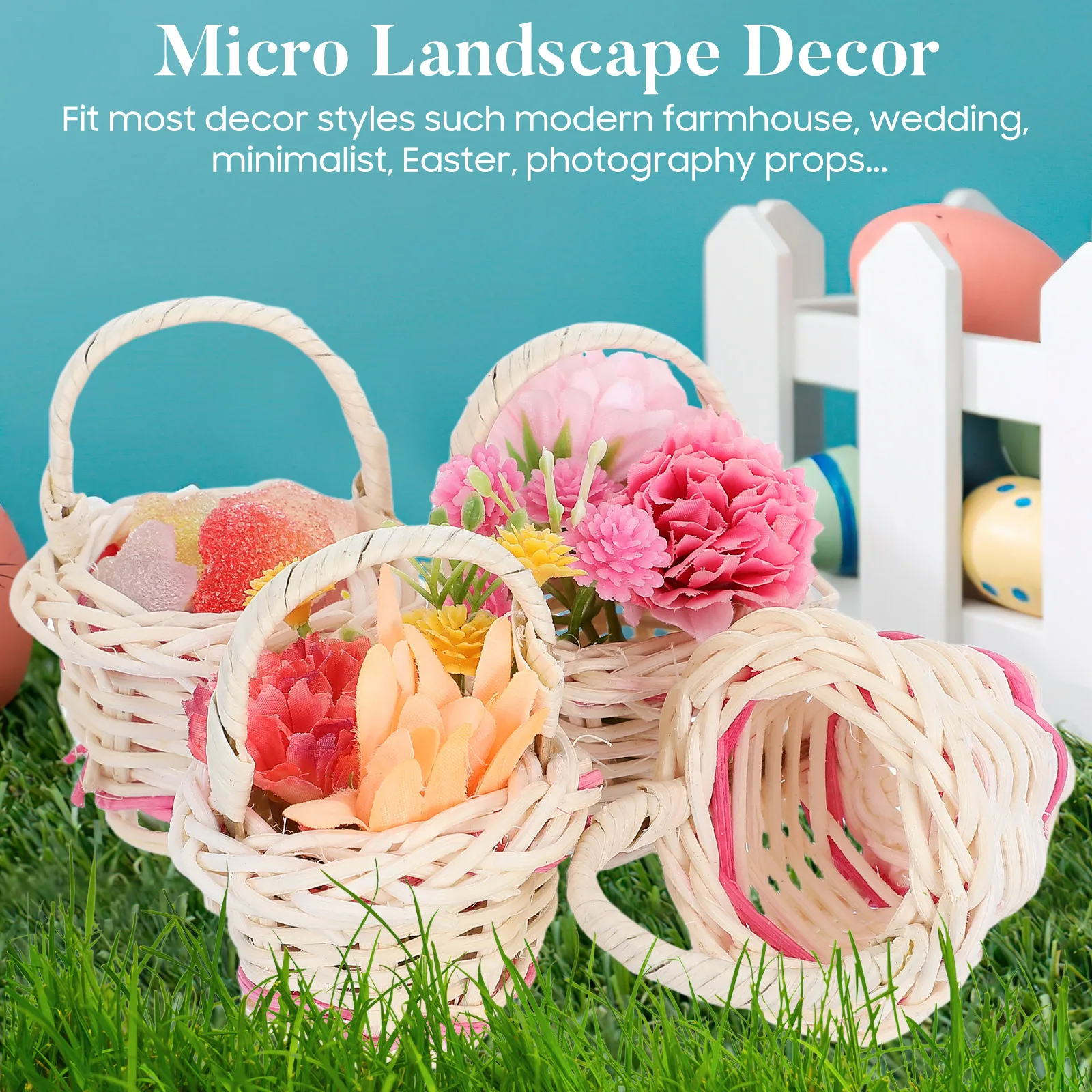 سلة صغيرة 10 قطع من سلة الروطان المنسوجة على شكل زهرة صغيرة لتزيين المنزل والمكتب والحديقة #2