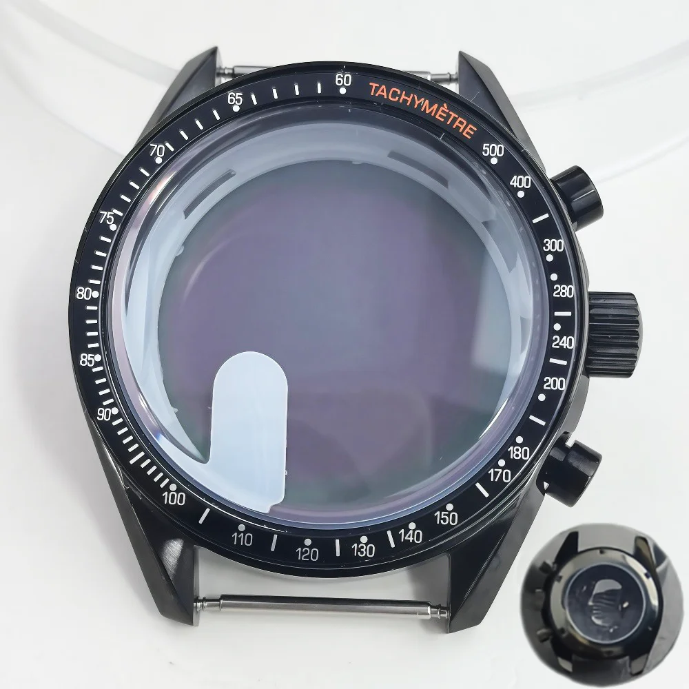 New VK63 39.7MM Black Case  Moon Pattern Back Chronograph Metal Material Fits Speed Master VK63 Case ﻿Men's Watch Parts