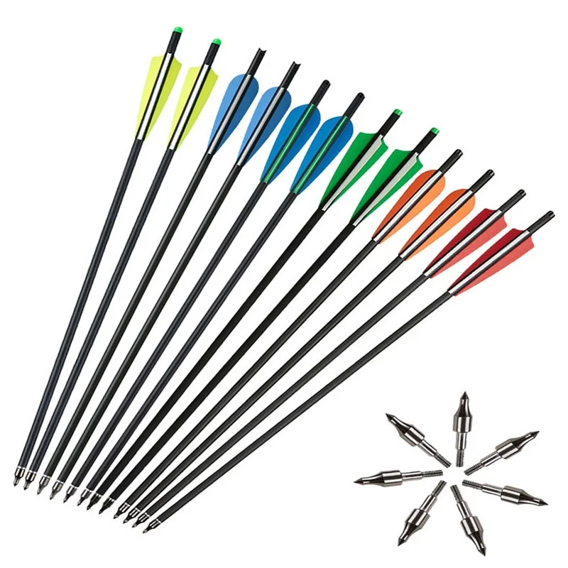 12 Uds. Perno de flecha de ballesta de carbono de 20 pulgadas, flechas de carbono de diámetro 8,8mm, punta de tiro con arco, caza, punta de flecha extraíble