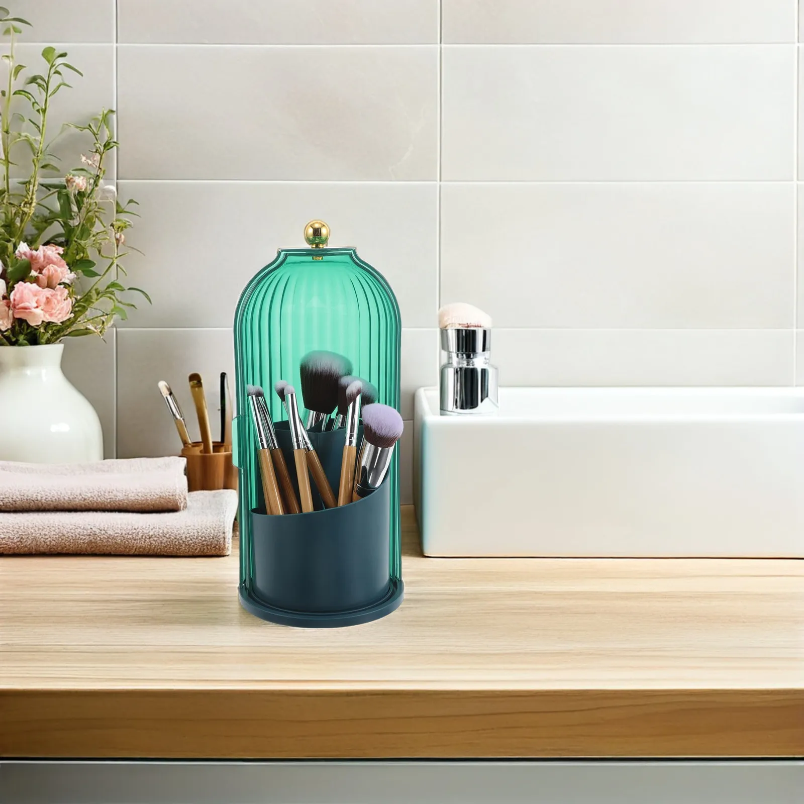 makeup-brush-holder-rotating-transparent-organizer-dustproof-lid-cosmetics-storage-for-vanity-bathroom-countertop-green