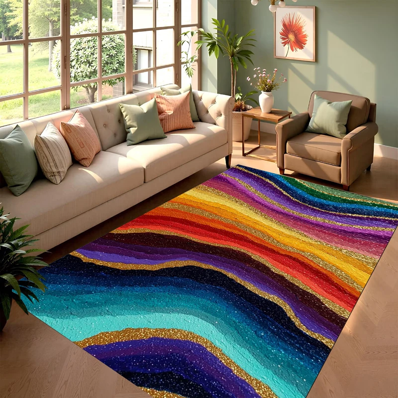 Vibrant Abstract Floor Rug Rainbow Multicolor Glitter Swirl Wave Curved Pattern Stylish Decor Area Rug for Living Space Ornament