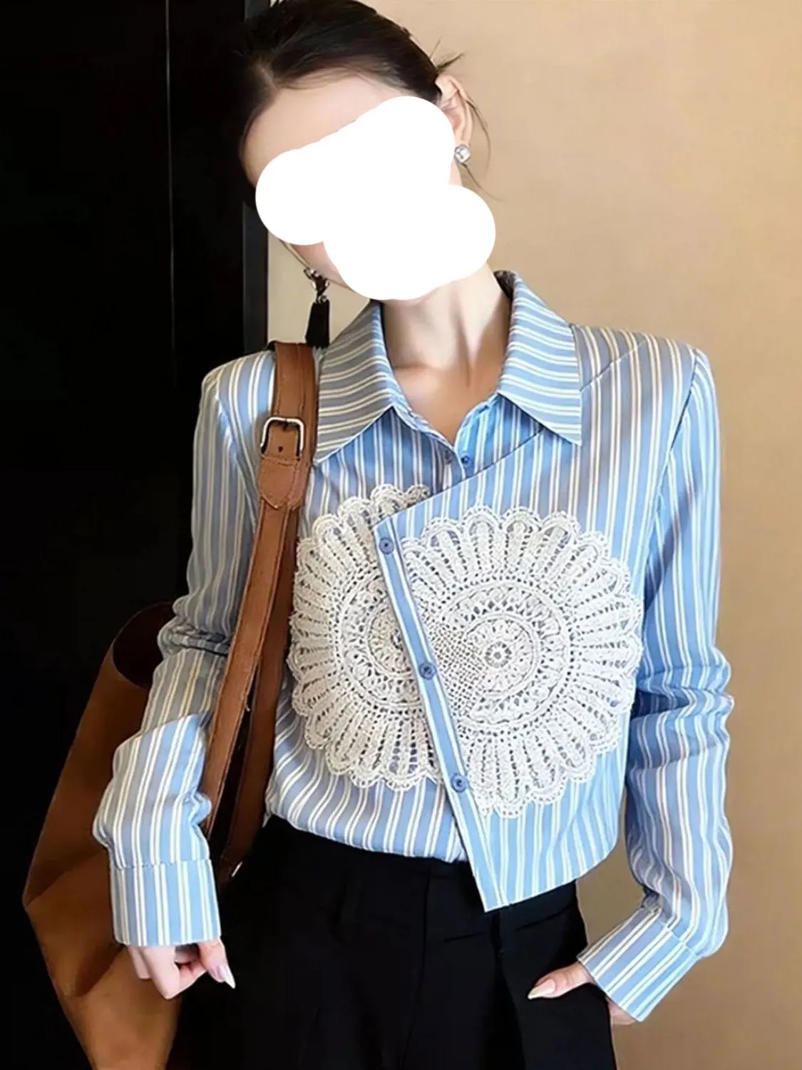 

Design Sensation Long Sve Asymmetrical Collar Blue irt Women's Faion Spring Season Versatile High Waist Polyester Fiber