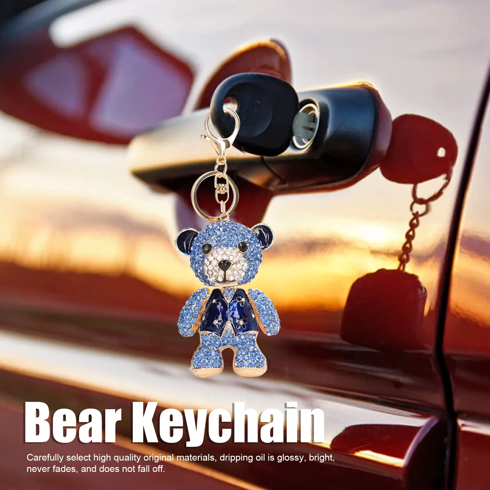 Process Bear Keychain Electroplate Long Cute Rhinestone Keyring with Hook Pure Color Design Birthday Anniversary Gift for Her​