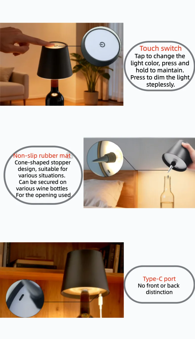 AITHEA LED Rechargeable Wine Bottle Lamp Touch Control of 3 Colors and Stepless Dimming Table Lamp Night Light
