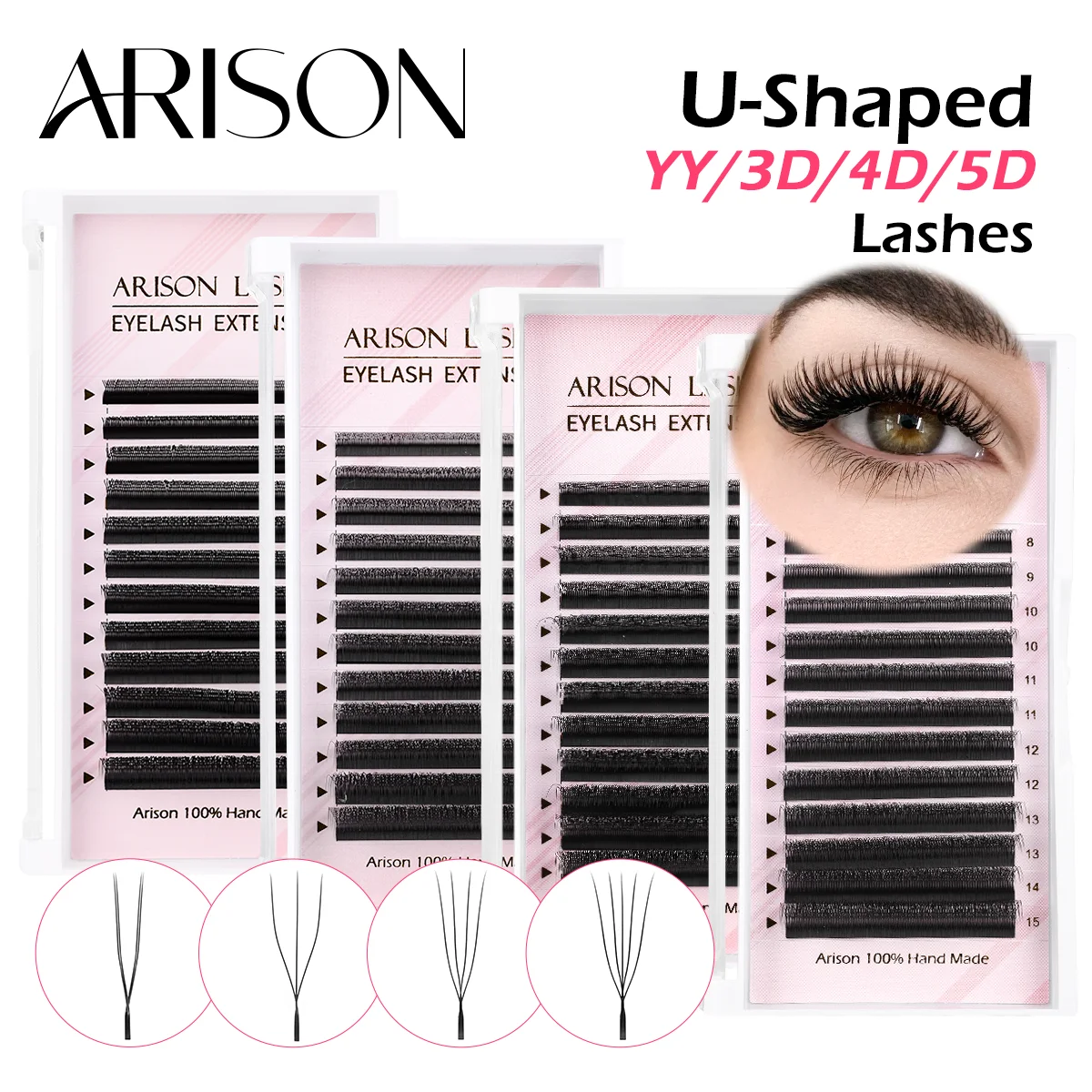 ARISON U-shape Eyelash Extensions YY 3D 4D 5D Premade Wispy Volume Fans Soft Matte Black Professional Salon Supplies Individual