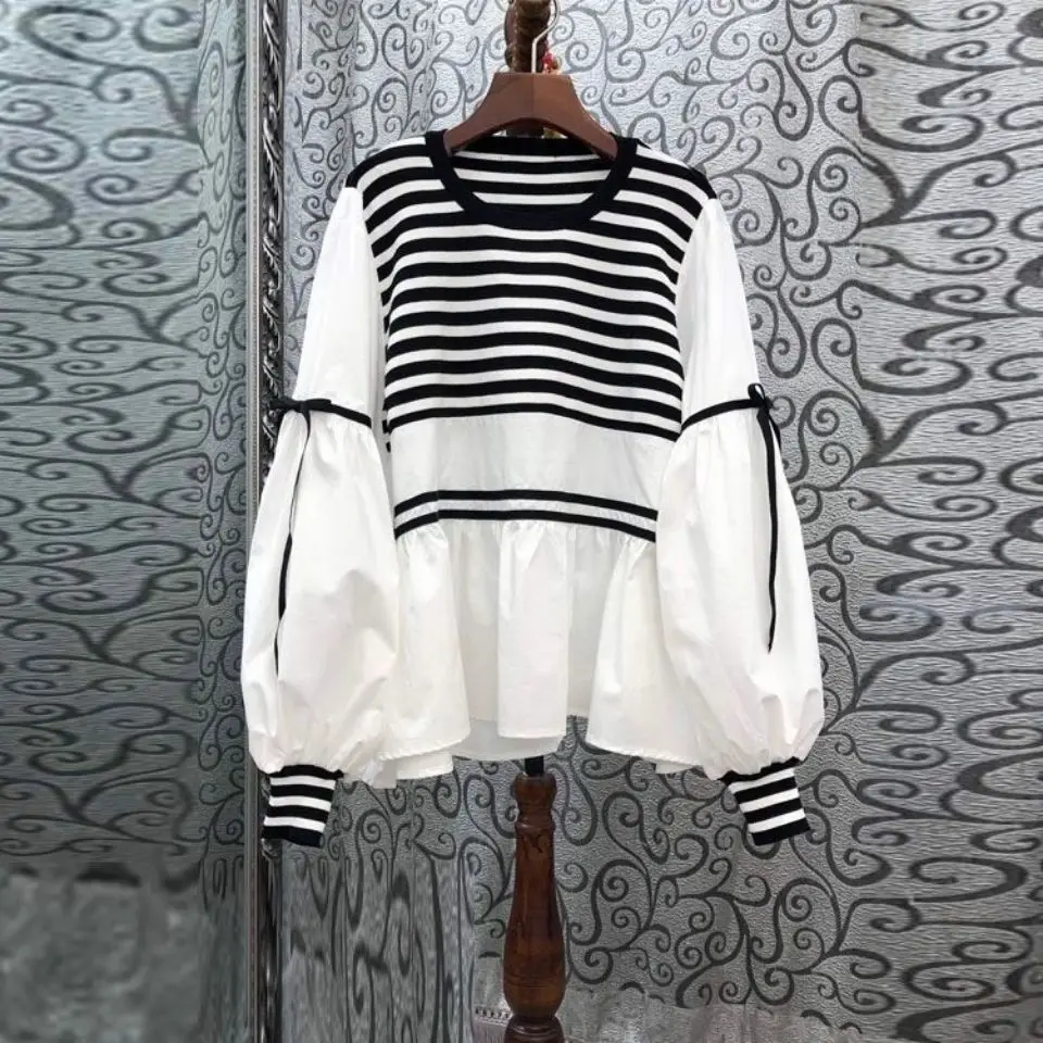 Loose Blouse O Neck Puff Sleeve Black White Striped Shirts Women Casual Tshirt Lace Up Contrast Pullovers Hoodies Blusas Mujer