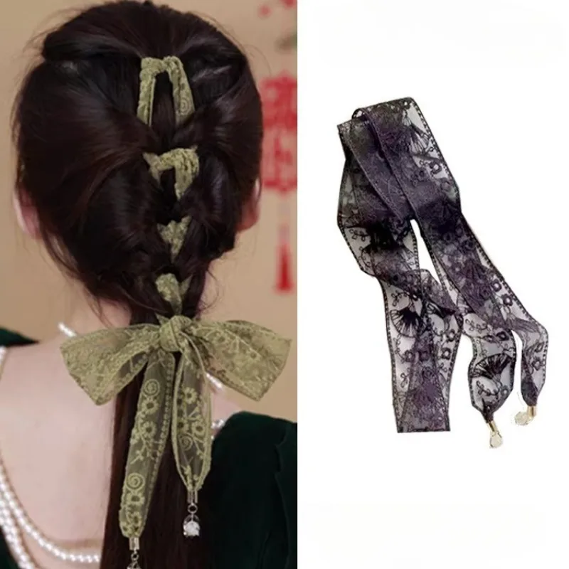 

French Pendant Lace Ribbon Headband for Girl Jacquard Floral Lace Green Elegant Women Headband with Pendant Ribbon for Braids
