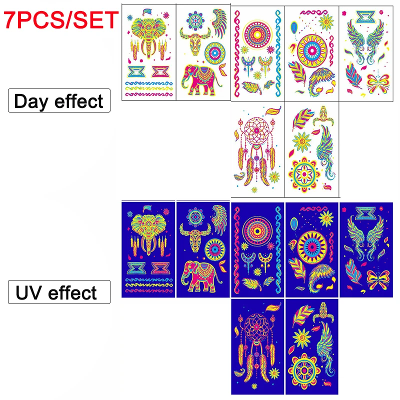 10PCS Fluorescent Face Tattoo Sticker Butterfly Love Flower Lips False Tattoos UV Glow In The Dark Festival Masquerade Party Bod