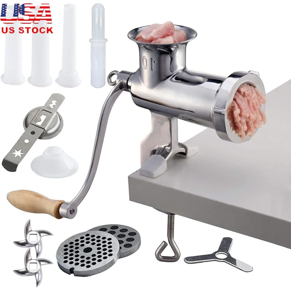 

304 Stainless Steel Heavy Duty Manual Meat Grinder Clamp-on Hand Grinder 420 Blade Includes Sausage Filling Tube Coarse Fine