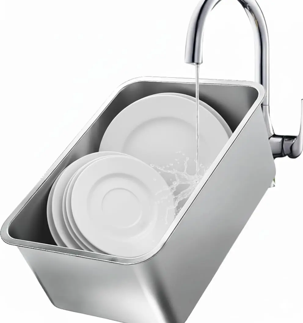 

18L Stainless Steel Dish Basin, Multipurpose Kitchen Sink Tub for Washing Dishes & Vegetables, Heavy-Duty Rust-Resistant, Flat Base
