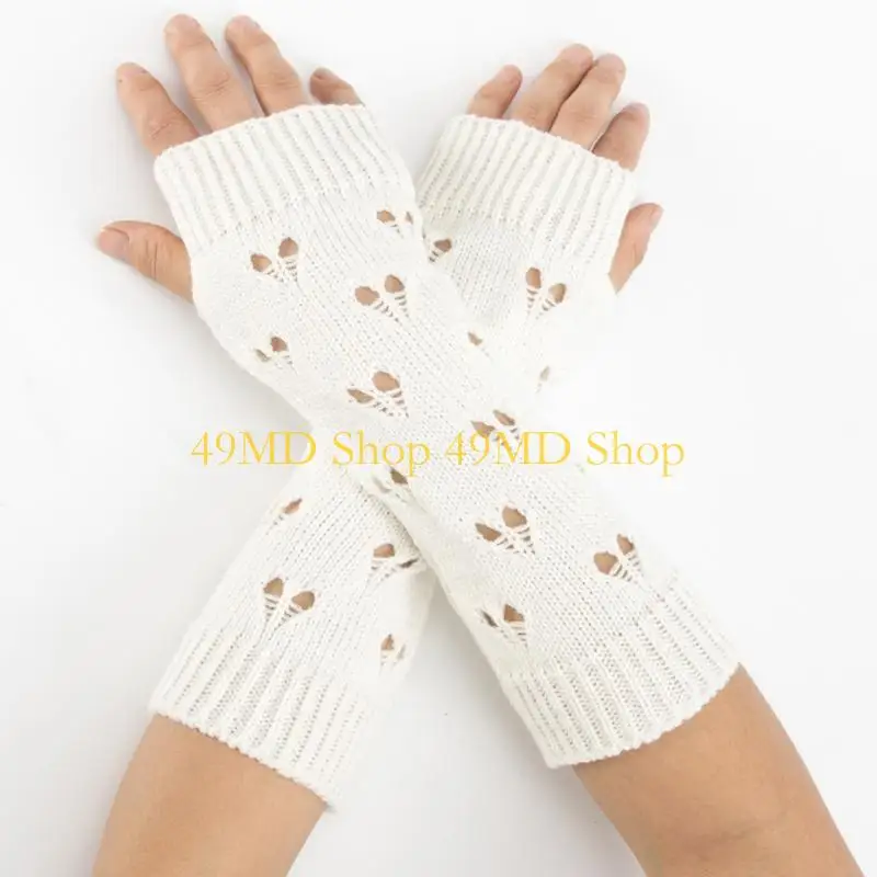 49MD Knitted Fingerless Gloves Hollow Out Mittens Half Finger Arm Crochet Sleeves