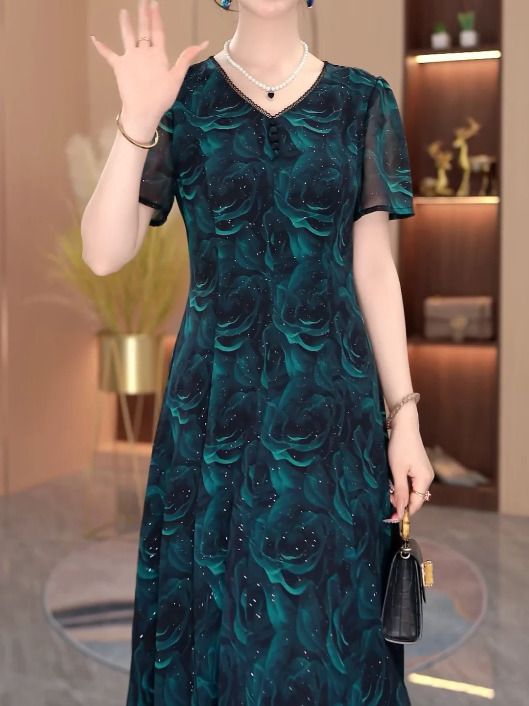 Ele Floral Print Slim Fit Midi Dr Luxury mat Sle Falda acampanada de cintura alta ort Sve V-Ne Daily Wear Summe...