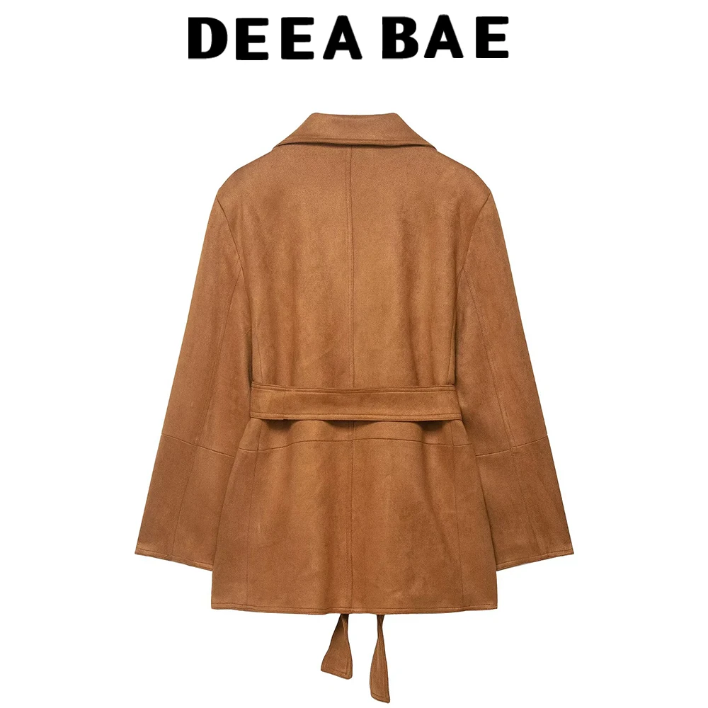 DEEABAE Autumn women's bow waistband embellished with lapel long sleeved with shoulder pads suede suit jacket