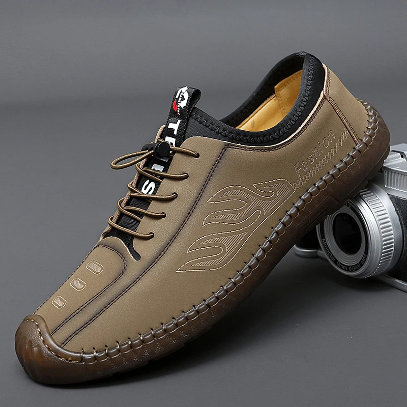 Mocasines de cuero elástico sin cordones para hombre, zapatos informales de suela gruesa de alta calidad, estilo británico para conducir