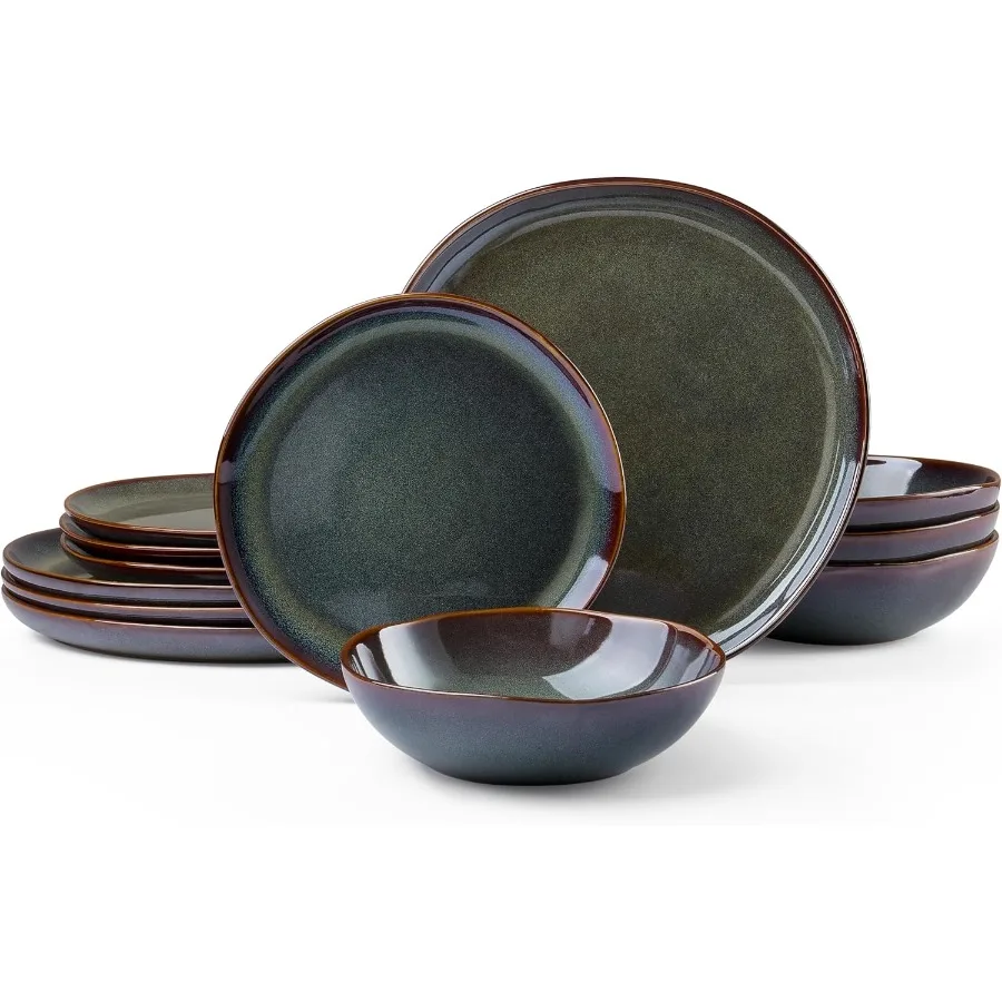 

12Piece Handpainted Stoneware Dinnerware Set for 4 Reactive Moss Green Ceramic Plates and Bowls for Home Kitchen Dining Scratch