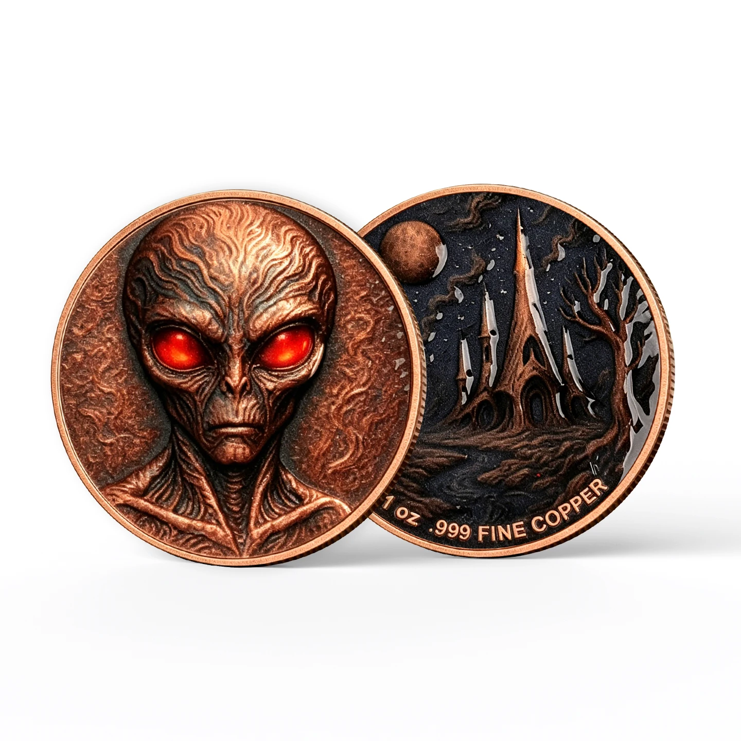 1/5pcs 1 Oz .999 Fine Copper Alien Commemorative Coin with Red Eyes Gothic Haunted House Design Collectible Souvenir Coin Gift