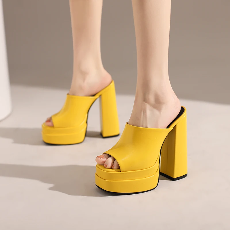 Dark Blue Pink Yellow Open Toe Slippers Womans Shoes Summer Platform Slides Mules Rectangle Block Heels Womens Slides Sandals