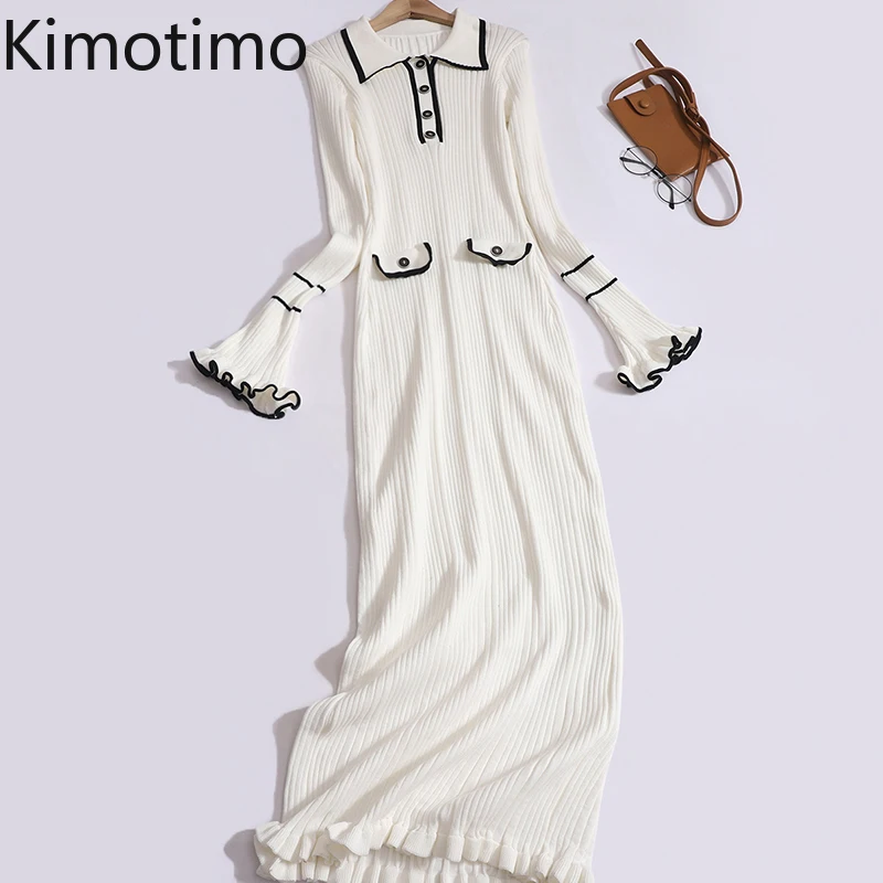 Kimotimo Autumn Winter Knitted Dress Women French Luxury Color Contrast Lapel Flare Sleeve Temperament Mermaid Long Dresses Robe