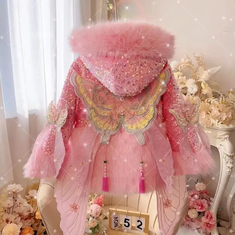 Girls' Fur Jacket Winter Fleece Thickened Foreign Style Imitation Fur Coat Cute Butterfly Decoration Parka Outerwear Winter Warm