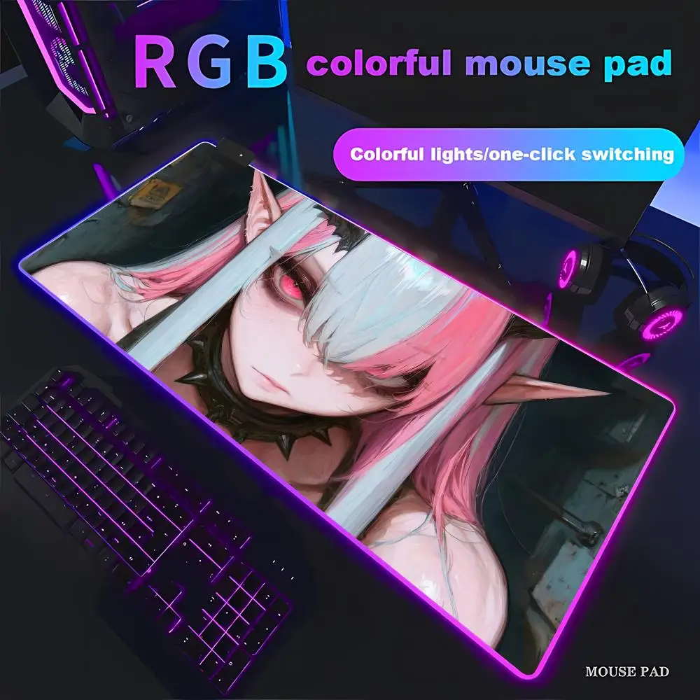 HYBXAXC Dark Goth Devil Elf Anime Girl Collection Large Extended RGB Gaming Mouse Pad Gamer Large LED Light PC Computer Non-slip