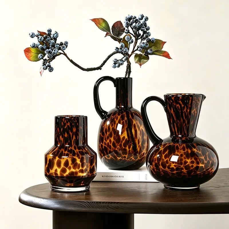 Amber Glass Vase with Irregular Spots, Leopard Print Crystal Vase, Flower Arrangement, Hydroponic Plant, Glass Container