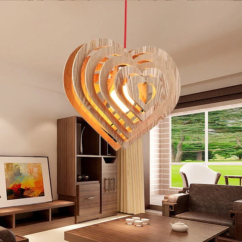 

Modern Wood Heart-shaped Pendant Lights Romantic Light for Room Hall Wood Water Drop Shaded Hanging Light Restaurant Decoration