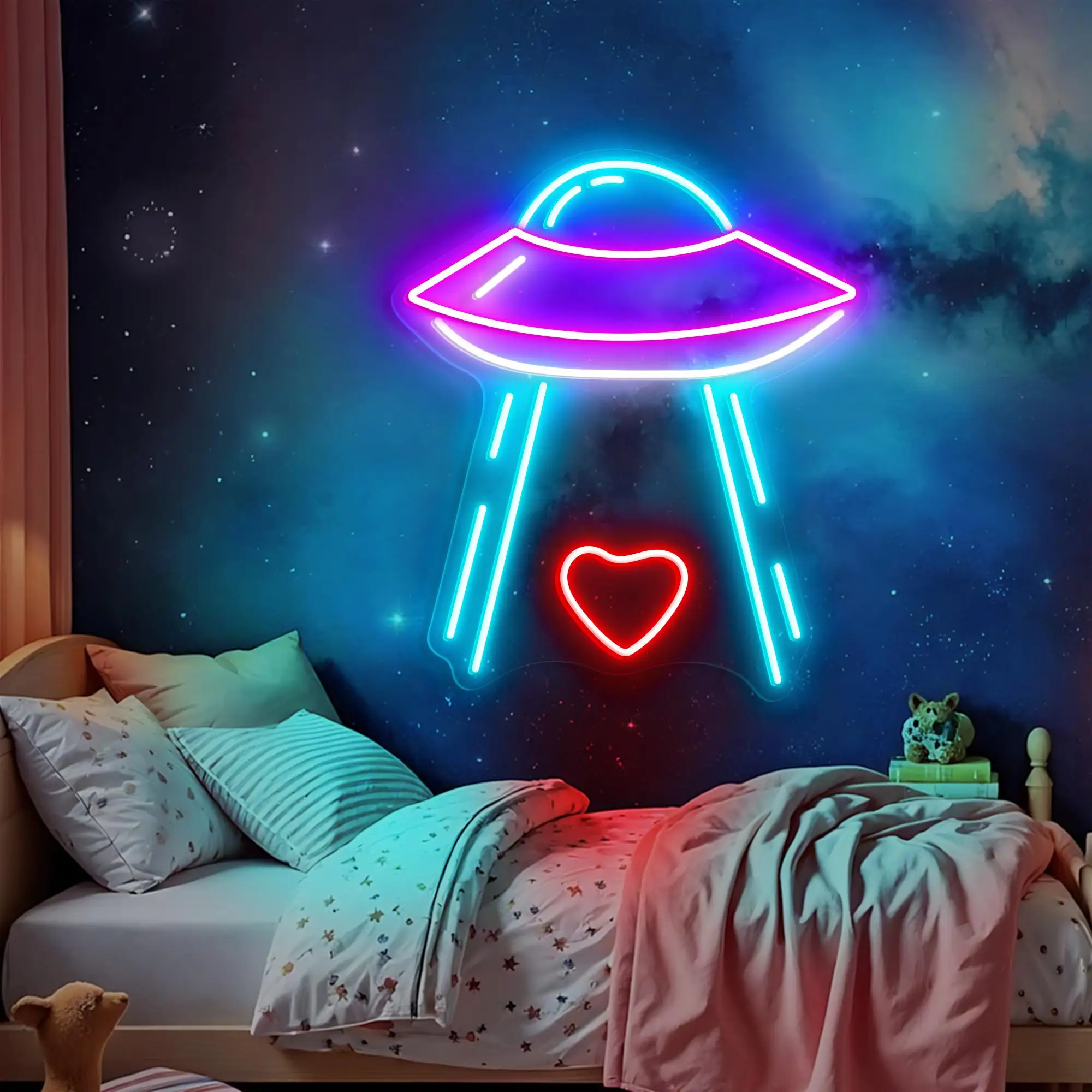 

Heart with Spaceship Neon Sign UFO Neon Wall Art Decor Valentines Gift for Bedroom Space Modern Sci-fi Man Cave Decor