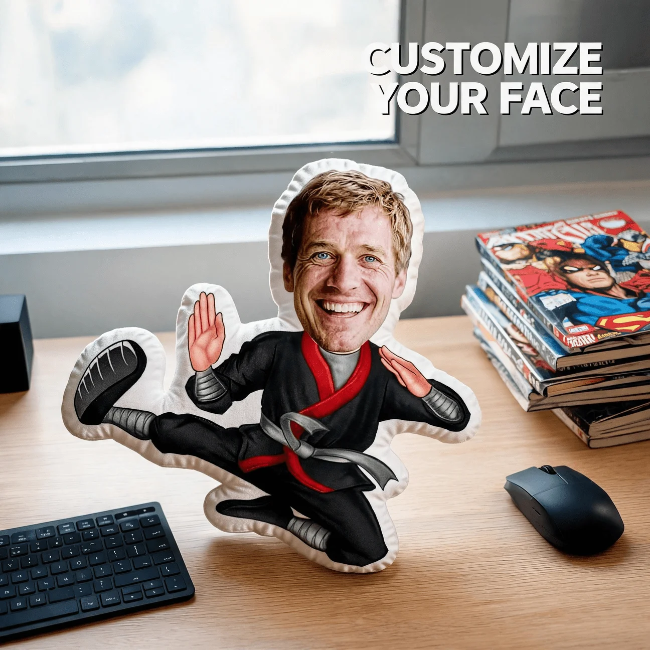 Custom Photo Shaped Pillow, Funny Face Martial Arts Ninja Customization Decorative Cushion, Unique Home Decor Accent for Sofa &
