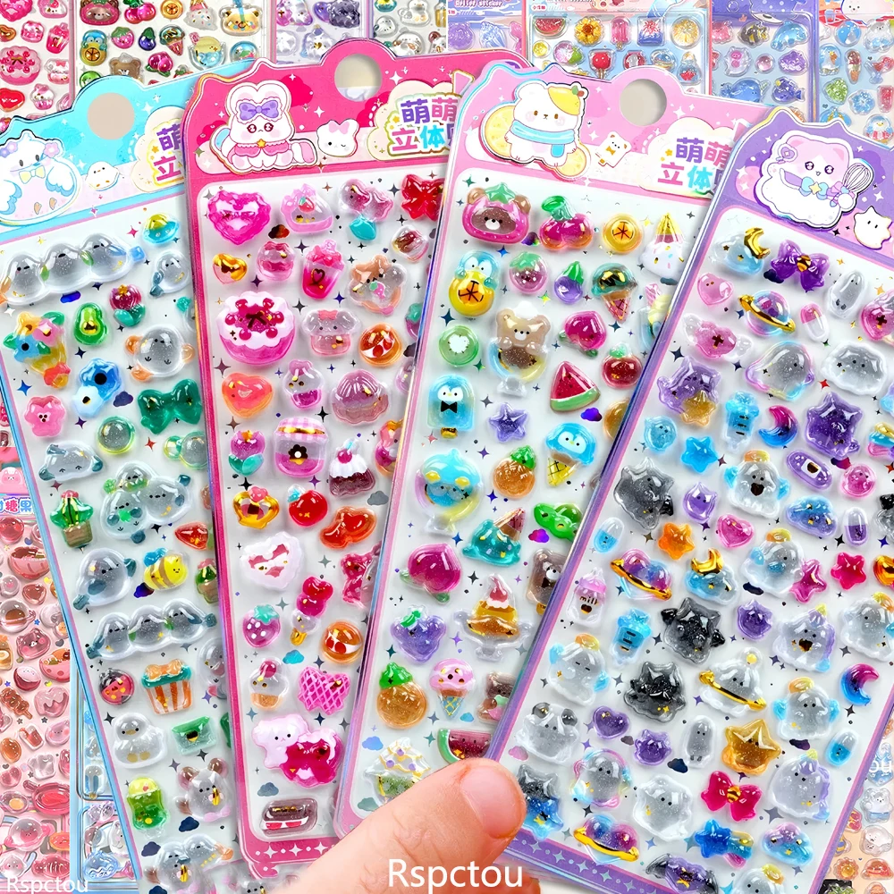 Kawaii Animals Food Fruits 3D Relief Stickers Aesthetic DIY Scrapbooking Journal Stationery Cute Decoration Crystal Sticker Gift