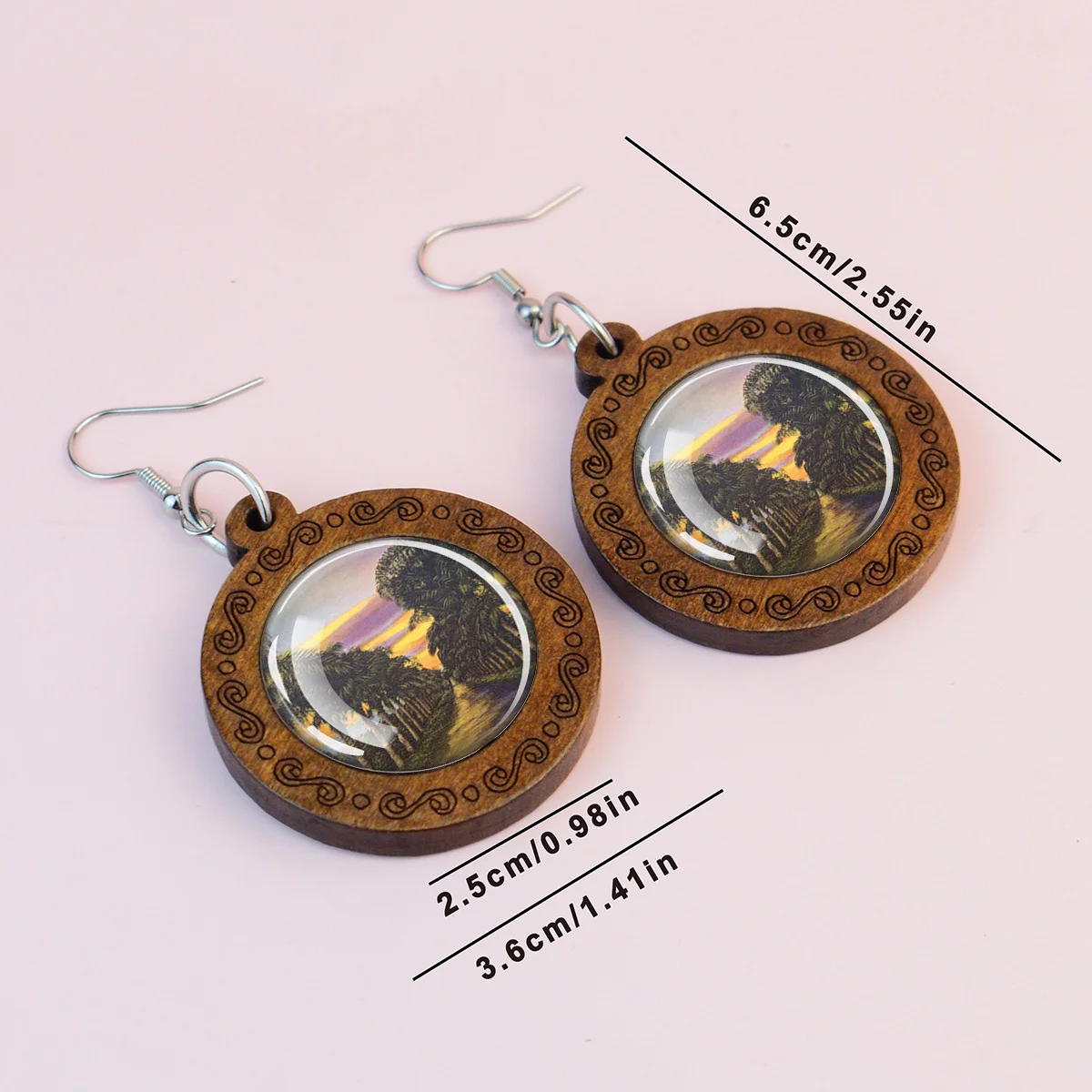 1pair Architecture American Landscape Theme Statue of Liberty Pattern Wooden Engraved Drop Earrings Glass Pendants Vintage
