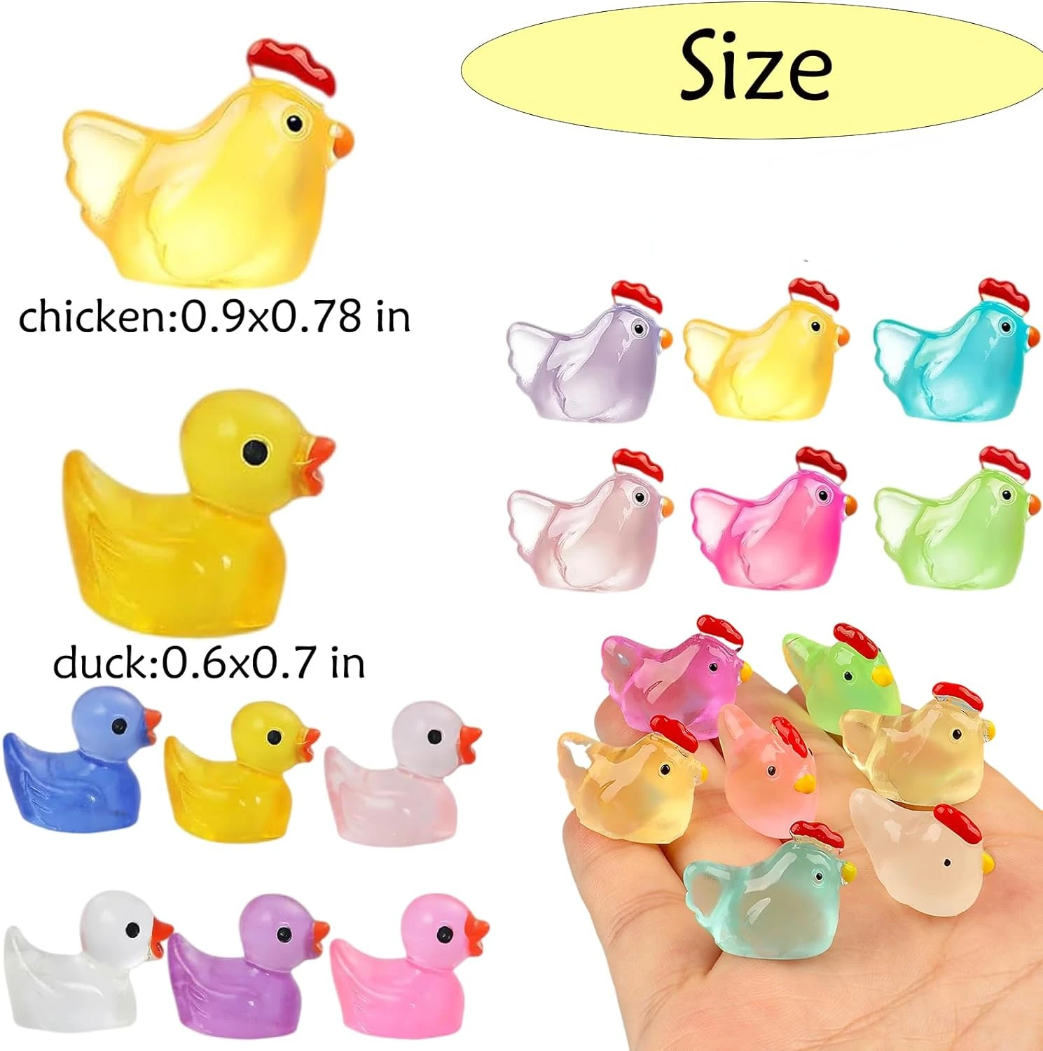 50pcs Mini Ducks Mini Resin Ducks Luminous Mini Chicken Figurines Small Miniature Ducks for Garden  Landscape Dollhouse Decor