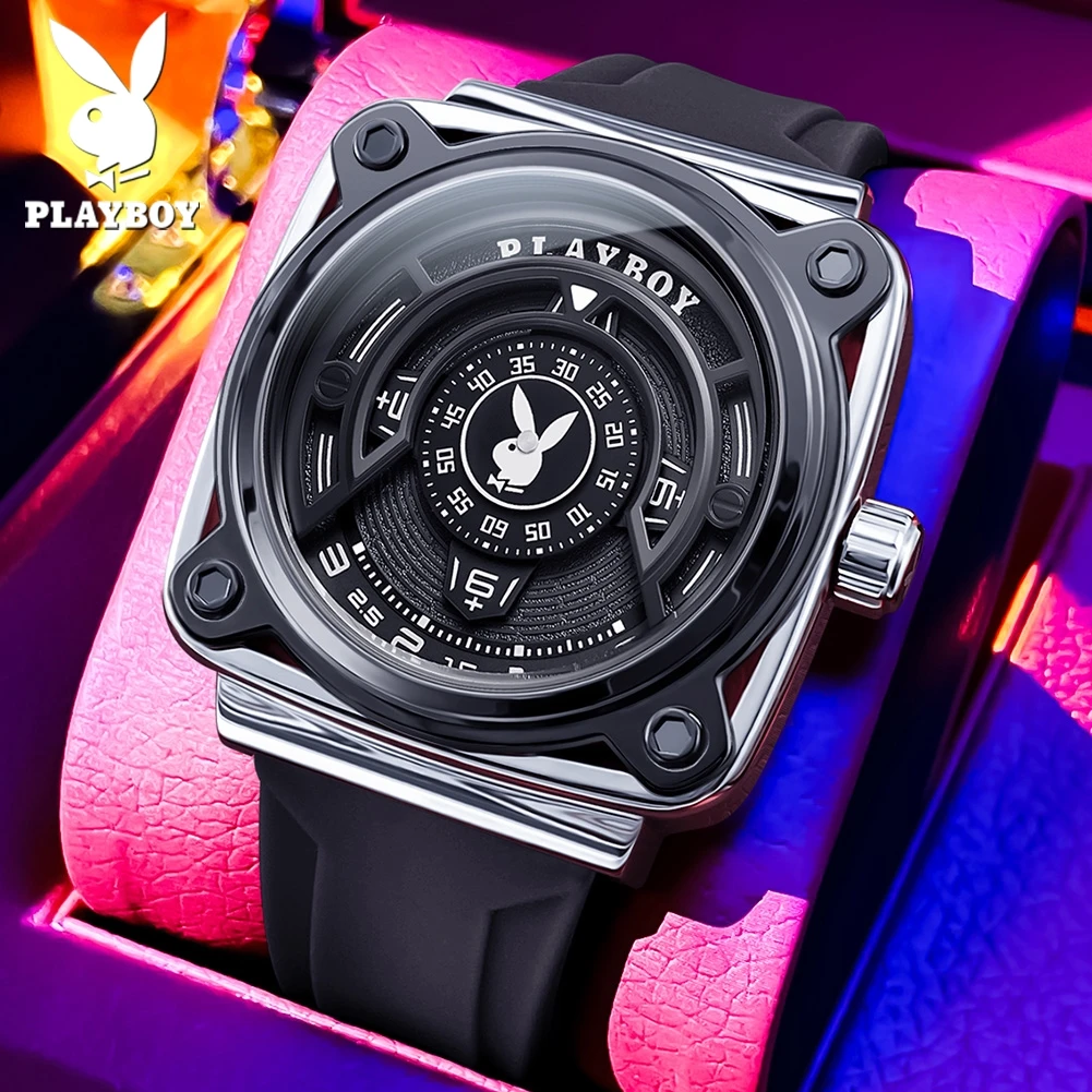 

PLAYBOY 3071 Watches for Men Original Square Dial Creative Quartz Wristwatches Silicone Strap Luminous Waterproof Sports Watches